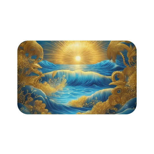 Golden Sunrise Whimsical Ocean Waves Bath Mat | Blue Sea Sunlight Décor