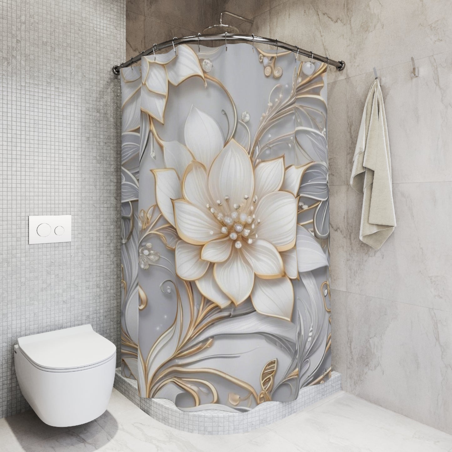 Gold Accent Floral Shower Curtain silver background | Elegant 3D Lotus Bathroom Drapery