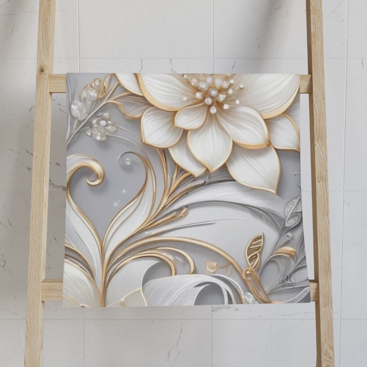 White Gold Floral Hand Towel with Silver Grey bg. | Elegant 3D Lotus Pattern