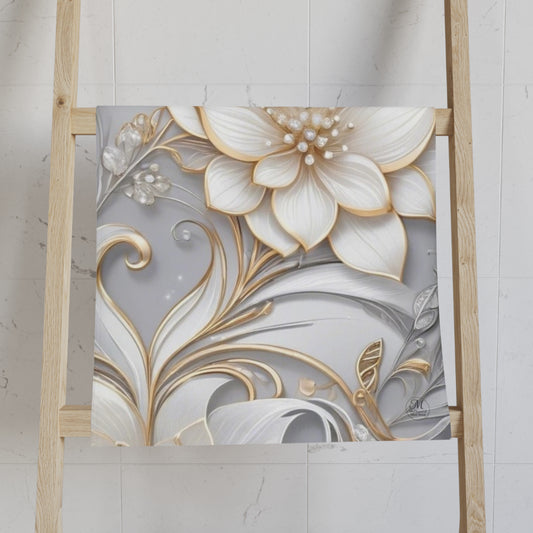 White Gold Floral Hand Towel with Silver Grey bg. | Elegant 3D Lotus Pattern