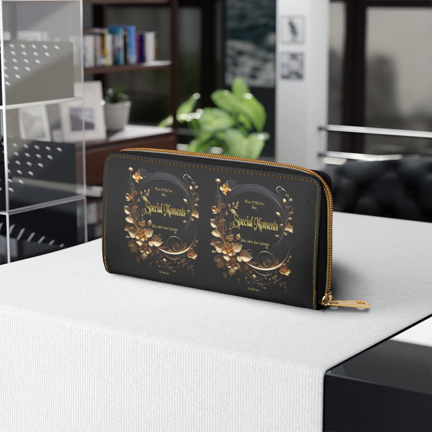 Gold Floral Special Moments Zipper Wallet | Black Leather Look, Elegant Floral Design