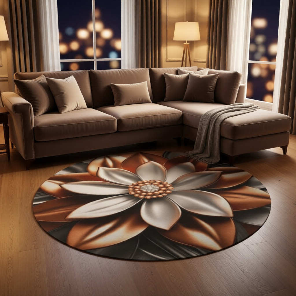 Metallic Floral Mandala Round Rug | Copper Silver Flower Rug