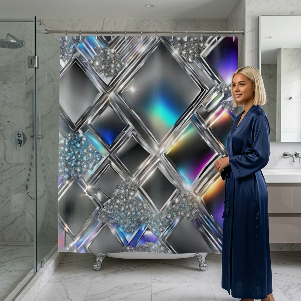 Iridescent Geometric Diamond Shower Curtain | Metallic Prism Bathroom Décor