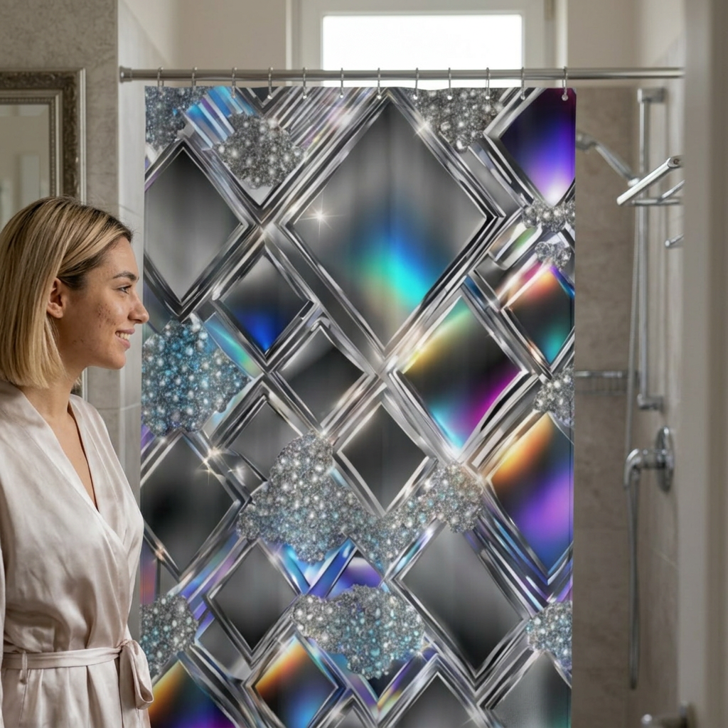 Iridescent Geometric Diamond Shower Curtain | Metallic Prism Bathroom Décor