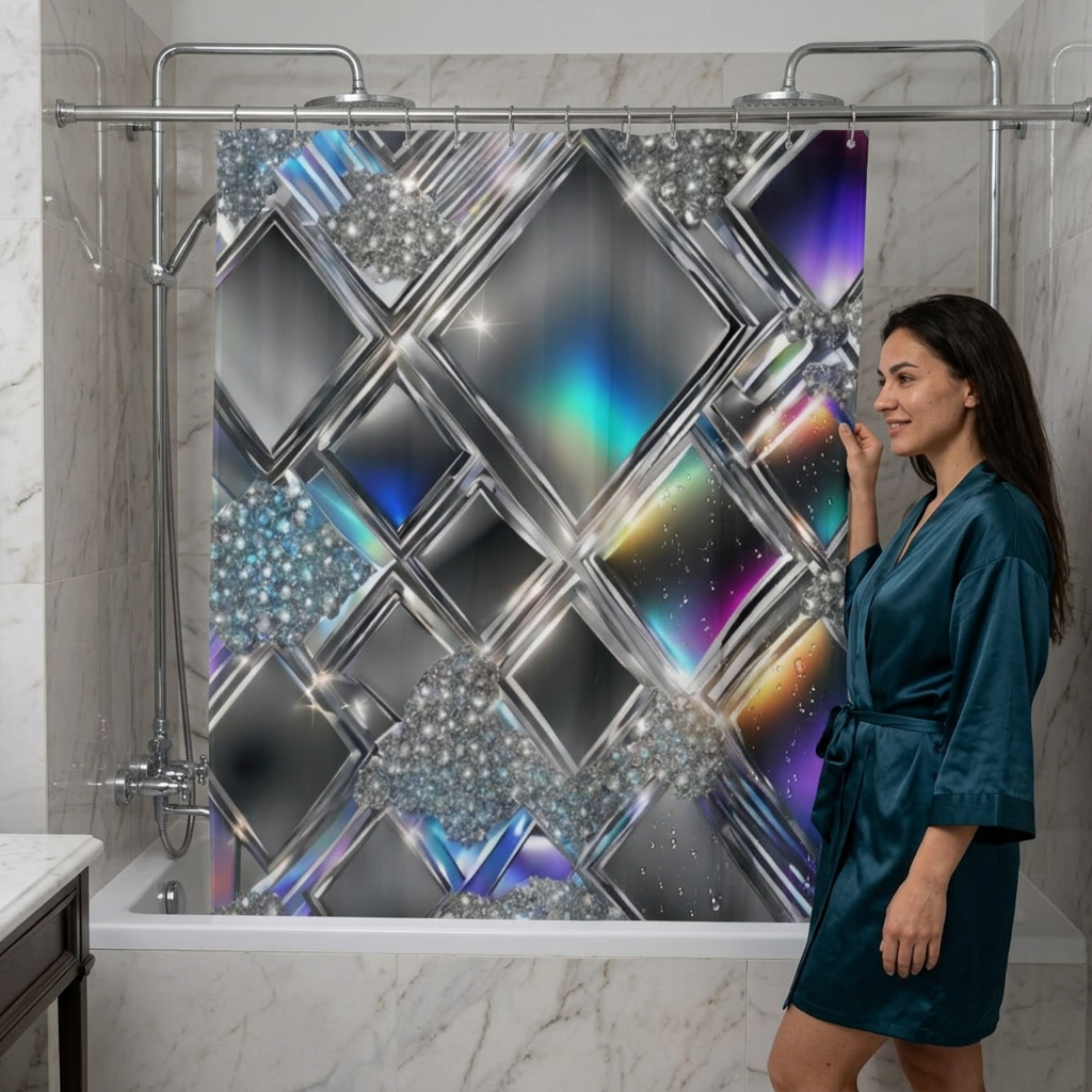 Iridescent Geometric Diamond Shower Curtain | Metallic Prism Bathroom Décor