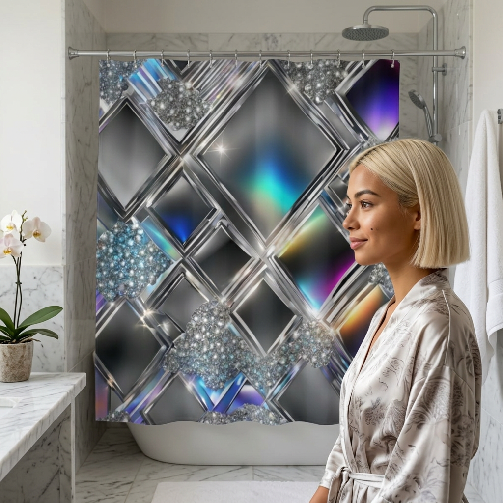 Iridescent Geometric Diamond Shower Curtain | Metallic Prism Bathroom Décor