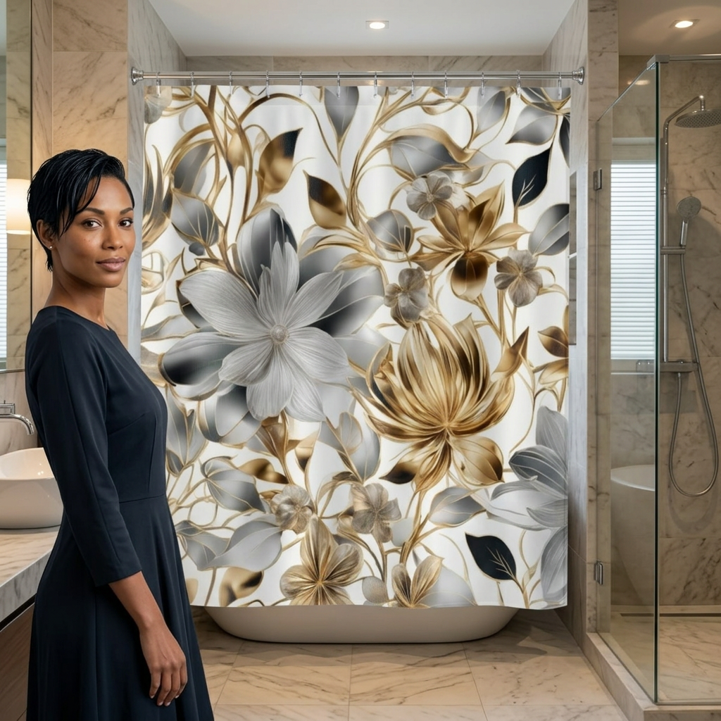 Gold and Silver Floral Shower Curtain | Metallic Botanical Bathroom Decor