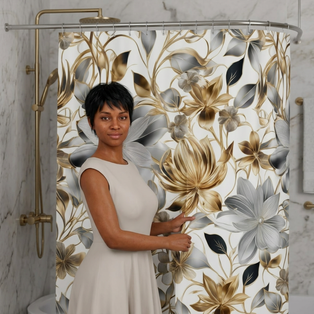 Gold and Silver Floral Shower Curtain | Metallic Botanical Bathroom Decor