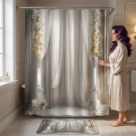 Romantic Draped Columns Shower Curtain | Neutral Floral Aisle