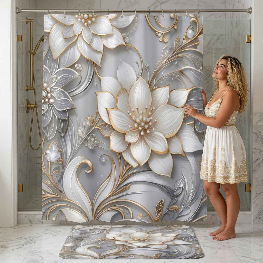 Gold Accent Floral Shower Curtain silver background | Elegant 3D Lotus Bathroom Drapery