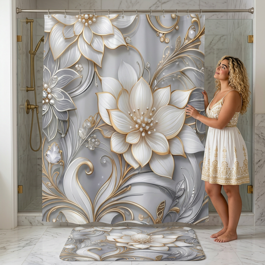 Gold Accent Floral Shower Curtain silver background | Elegant 3D Lotus Bathroom Drapery
