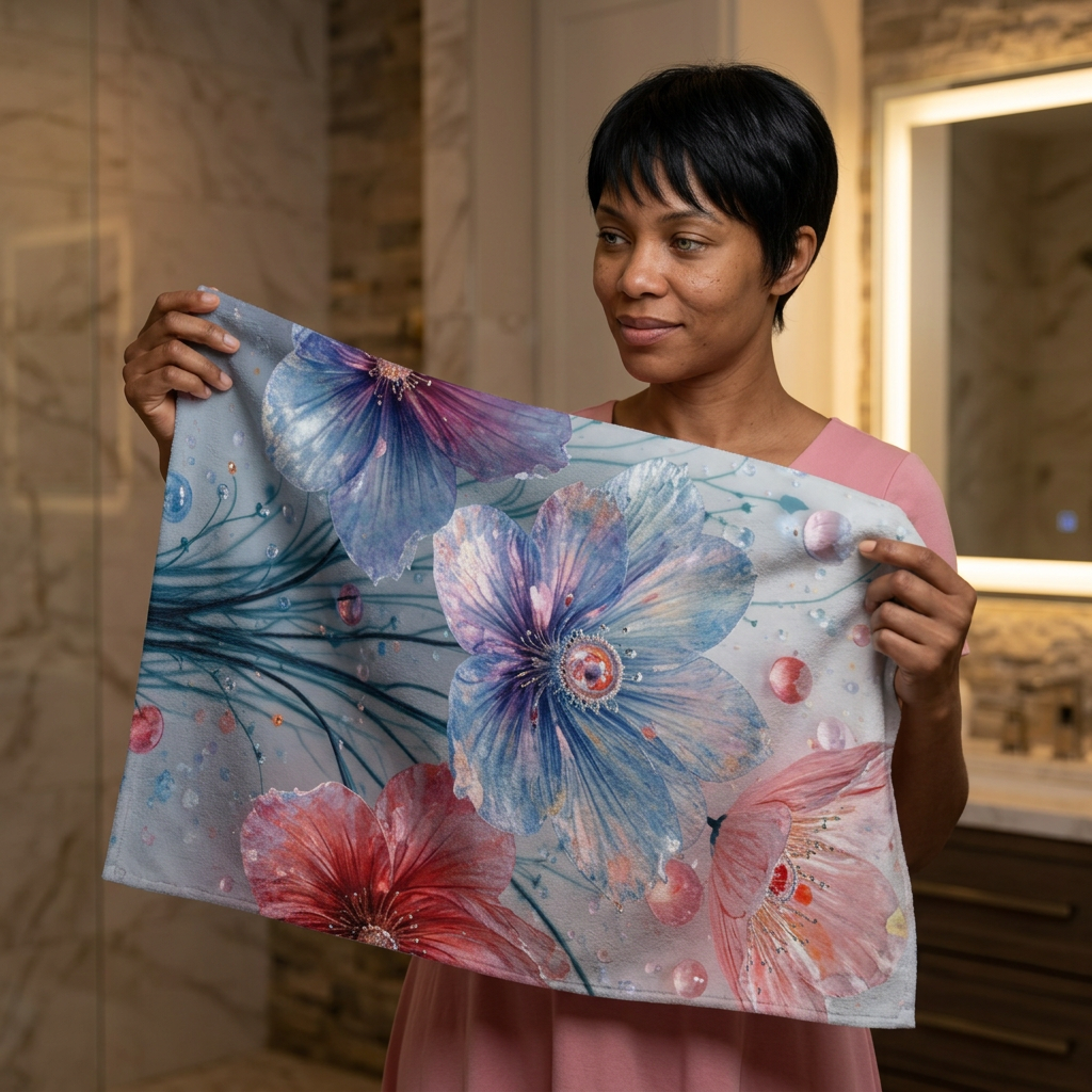 Watercolor Floral Bouquet Hand Towel | Blue Pink Flower Design
