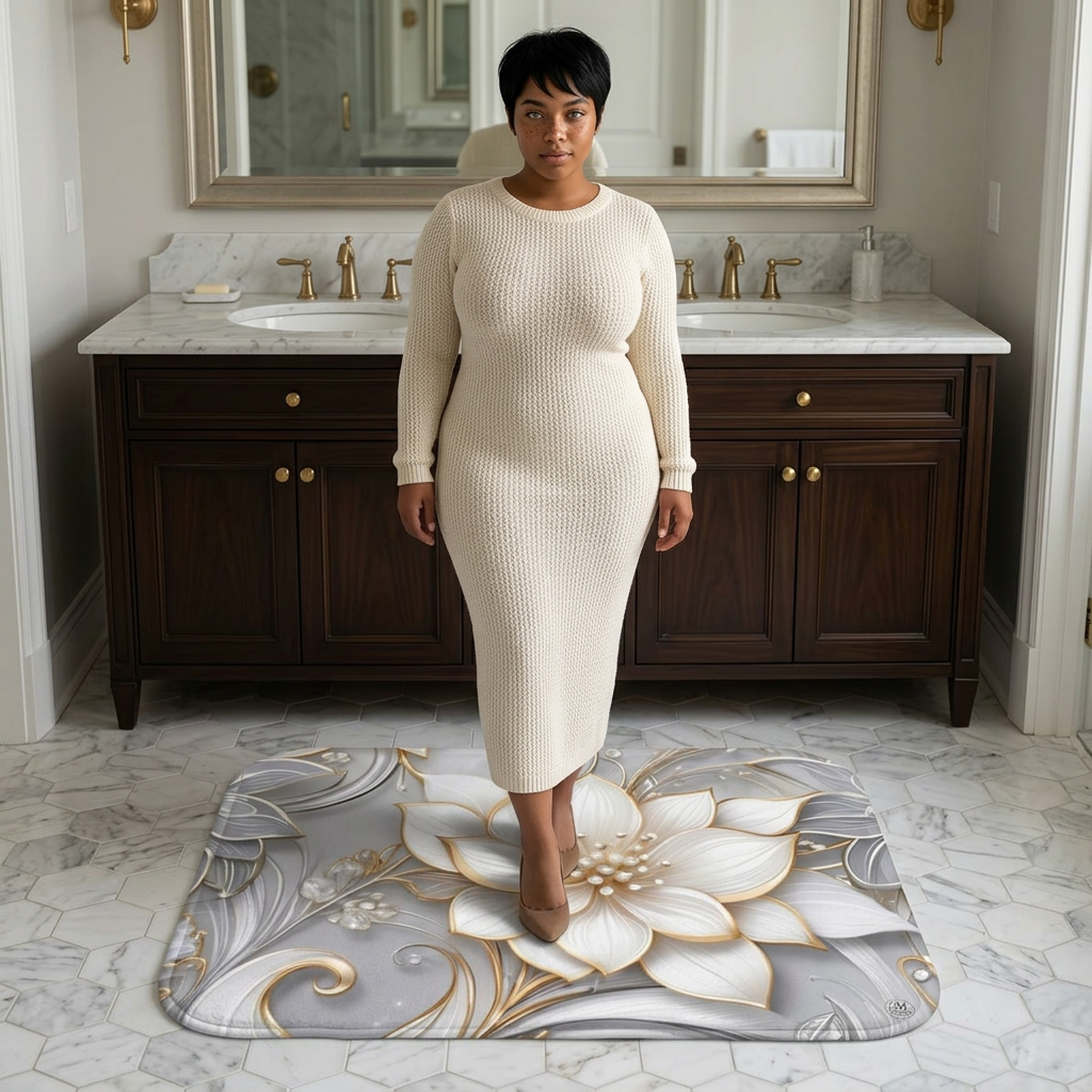 Gold & Ivory Floral Bath Mat | Elegant 3D Flower Scroll Design