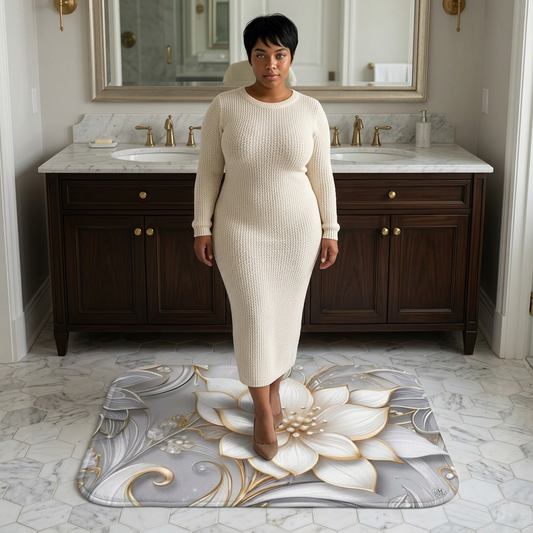 Gold & Ivory Floral Bath Mat | Elegant 3D Flower Scroll Design