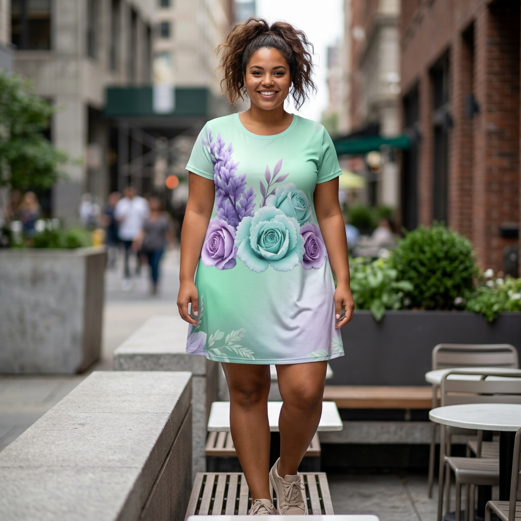 Floral Mint Gradient T‑Shirt Dress — Pastel Roses & Lavender All‑Over Print