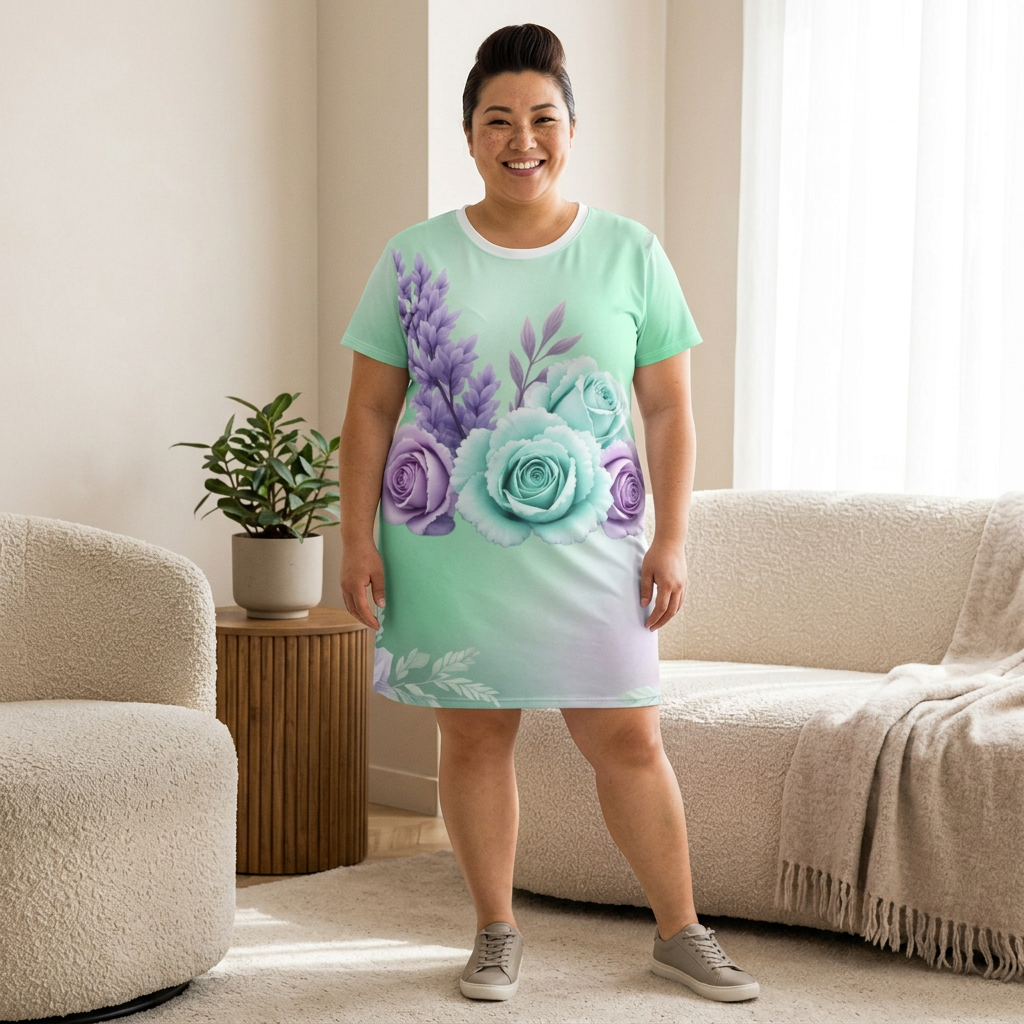 Floral Mint Gradient T‑Shirt Dress — Pastel Roses & Lavender All‑Over Print