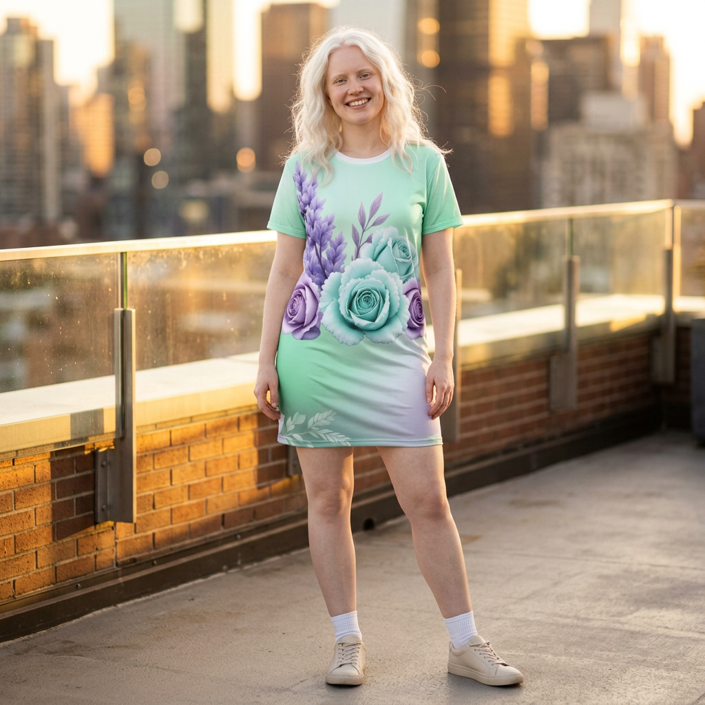 Floral Mint Gradient T‑Shirt Dress — Pastel Roses & Lavender All‑Over Print