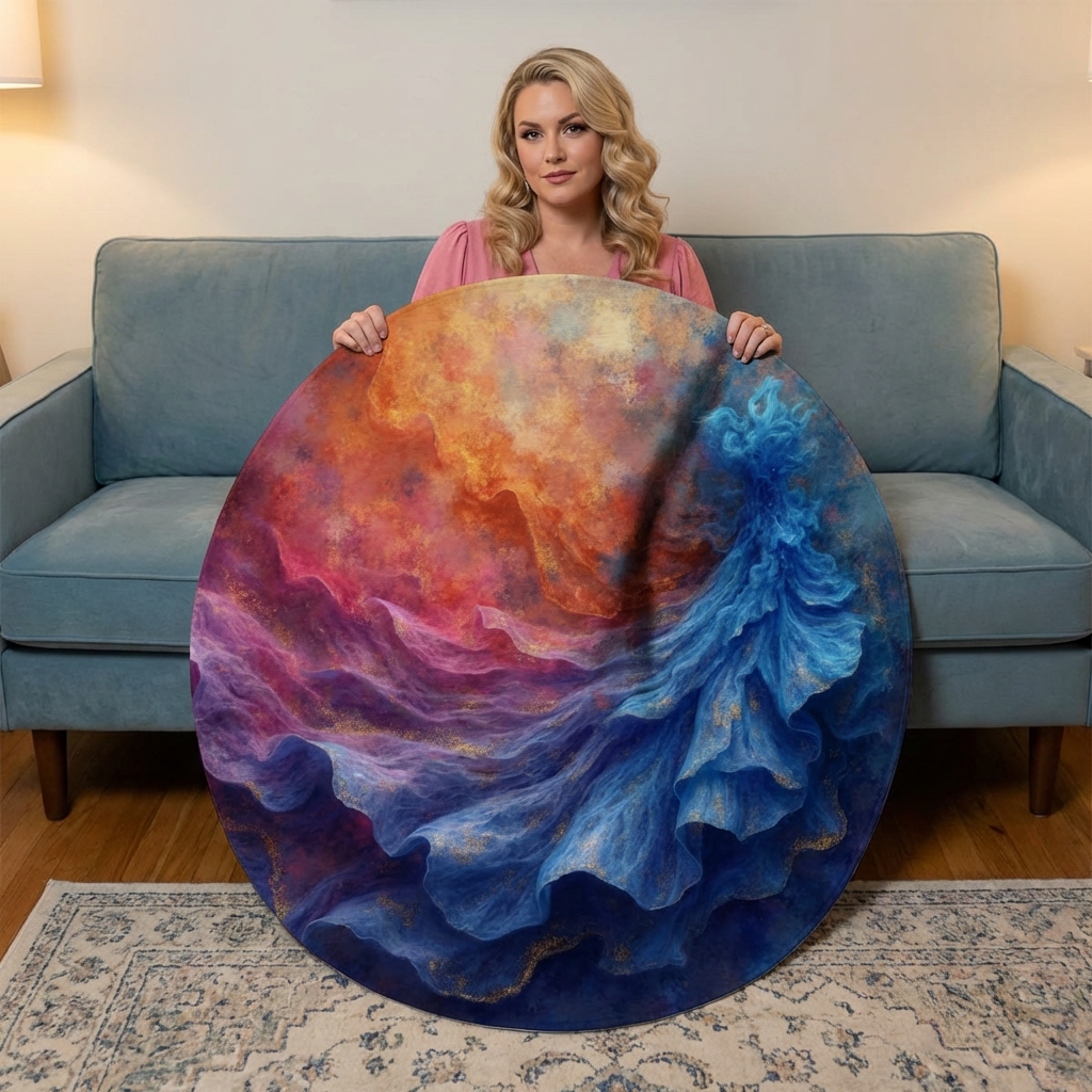 Abstract Fantasy Round Rug / Blue Ruffled Gown Inspired Art Rug