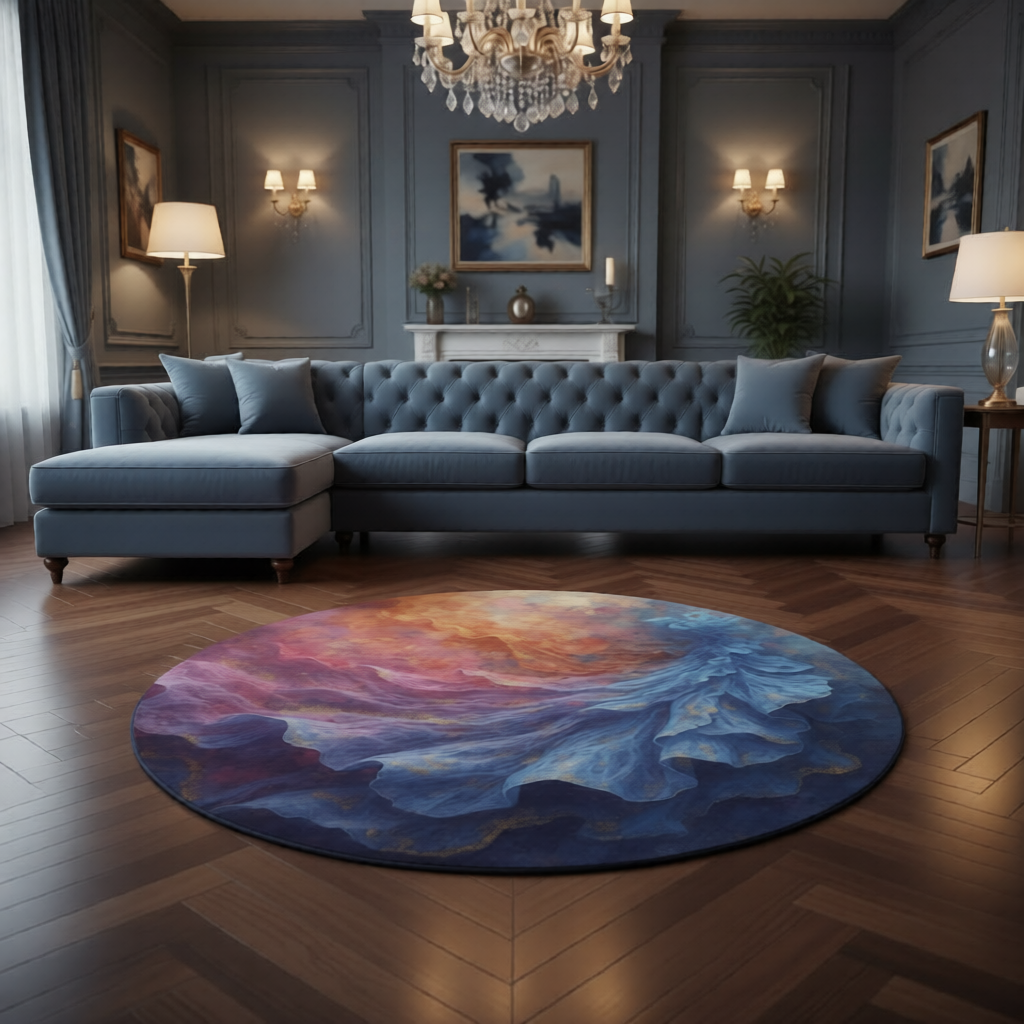 Abstract Fantasy Round Rug / Blue Ruffled Gown Inspired Art Rug
