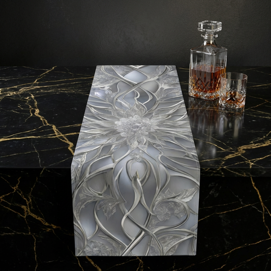 Silver Filigree Floral Table Runner | Gray Metallic Mandala Table Runner
