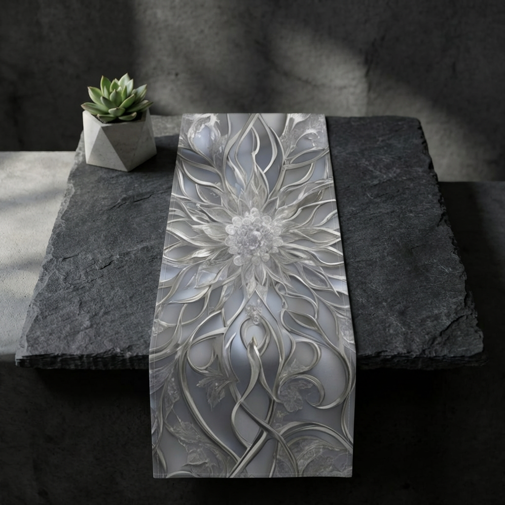 Silver Filigree Floral Table Runner | Gray Metallic Mandala Table Runner