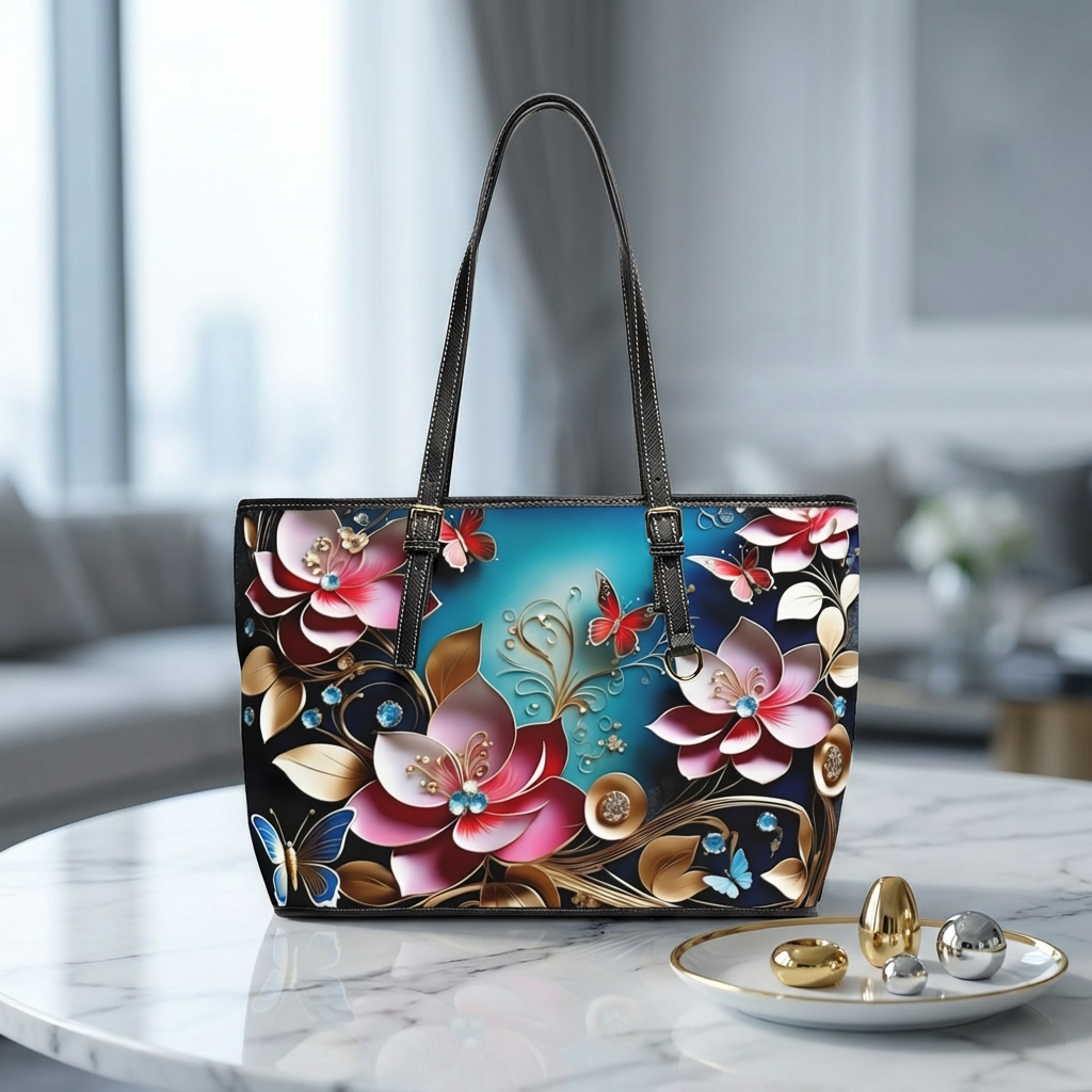 Floral Butterfly Pattern PU Leather Shoulder Bag | Pink Teal Blossoms