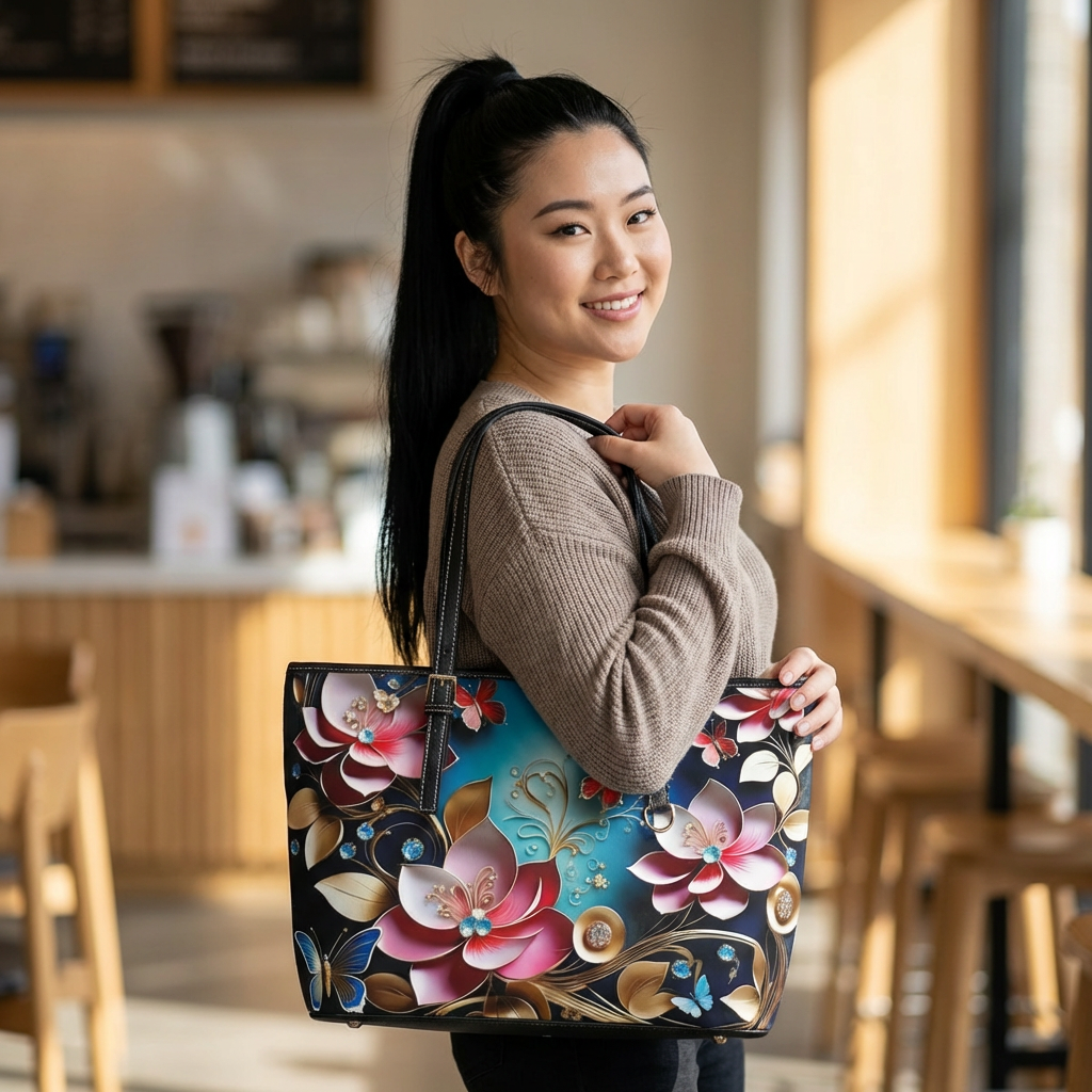 Floral Butterfly Pattern PU Leather Shoulder Bag | Pink Teal Blossoms