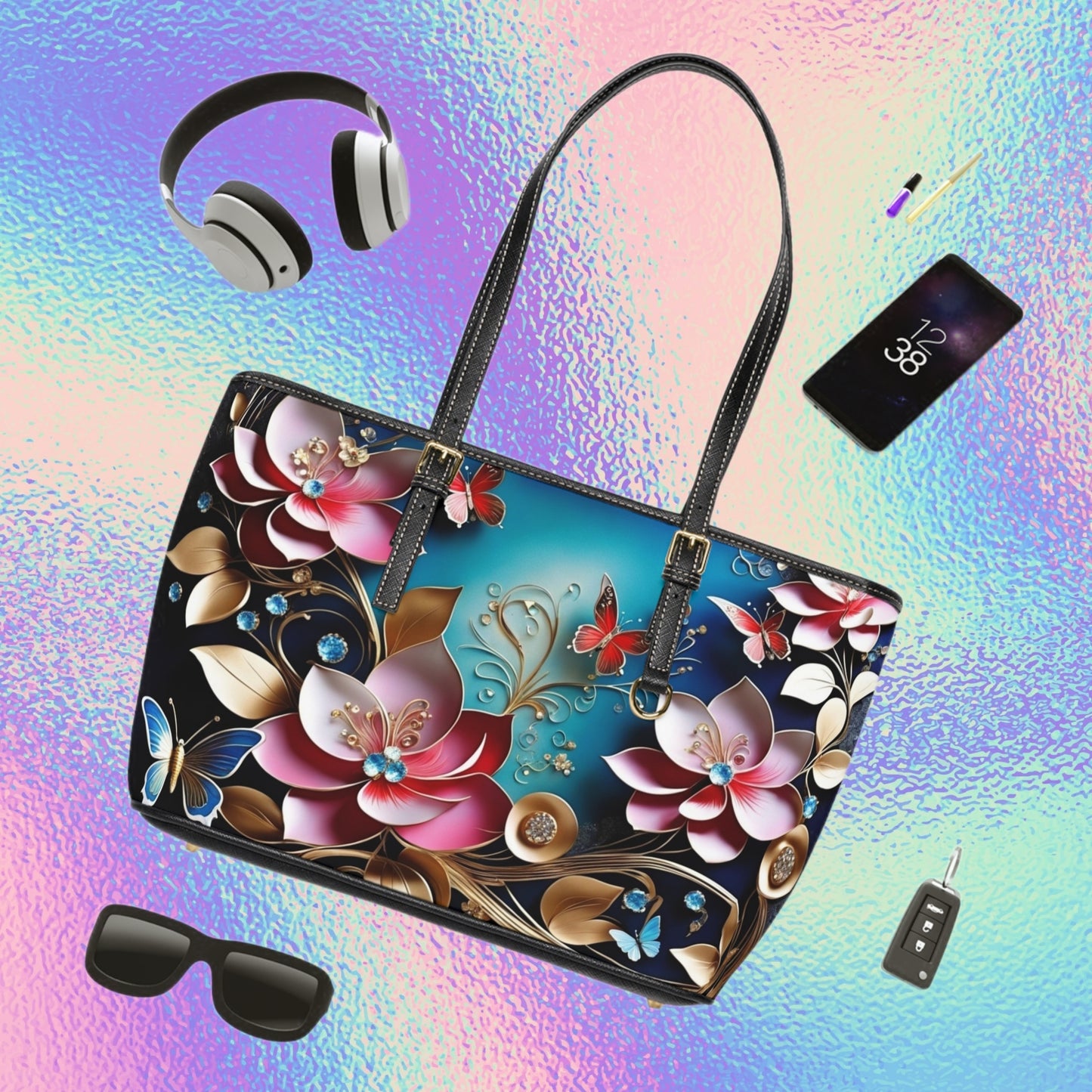 Floral Butterfly Pattern PU Leather Shoulder Bag | Pink Teal Blossoms
