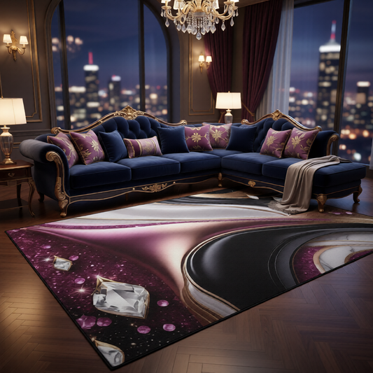 Abstract Metallic Swirl Floor Mat | Pink Gold Black Gemstone Accents