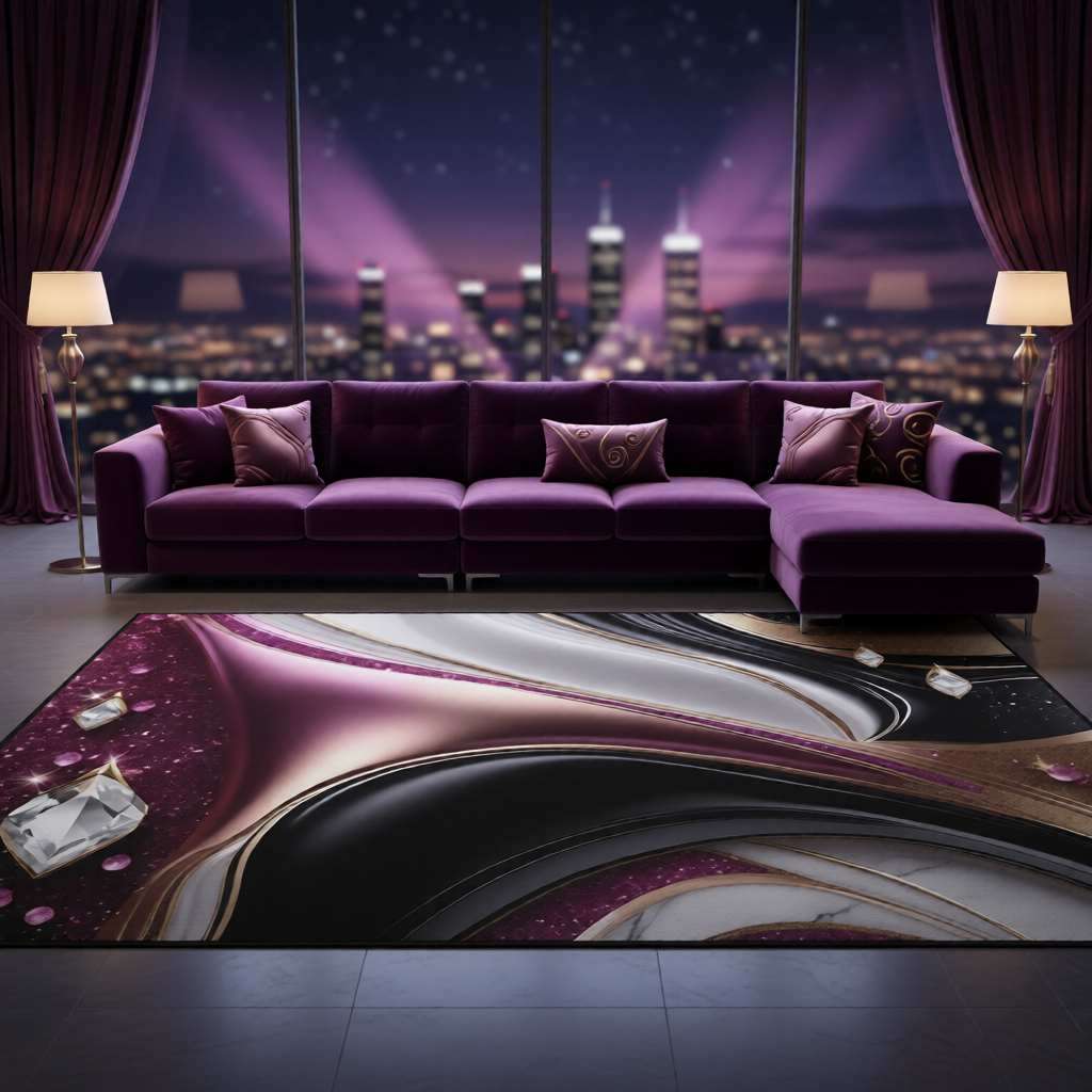 Abstract Metallic Swirl Floor Mat | Pink Gold Black Gemstone Accents