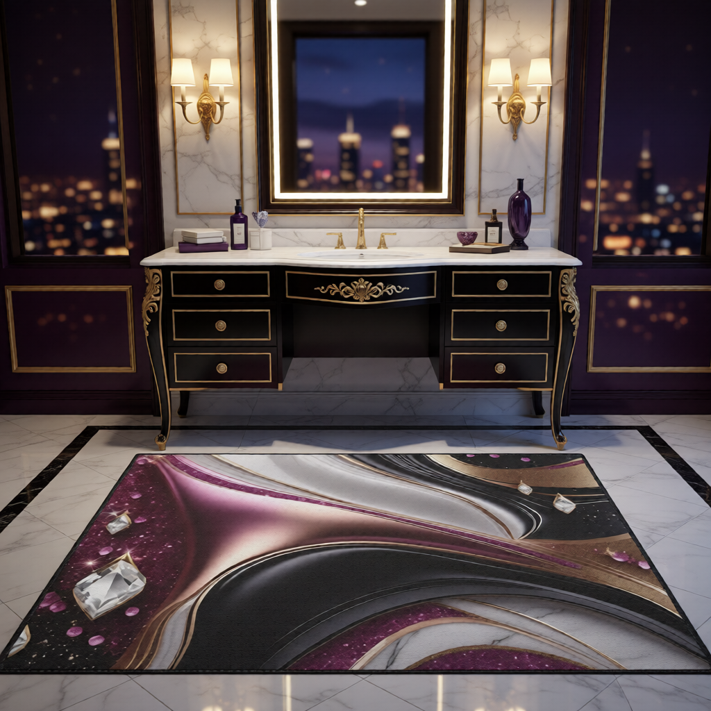 Abstract Metallic Swirl Floor Mat | Pink Gold Black Gemstone Accents