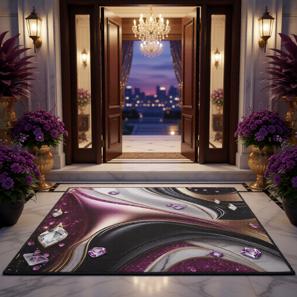 Abstract Metallic Swirl Floor Mat | Pink Gold Black Gemstone Accents