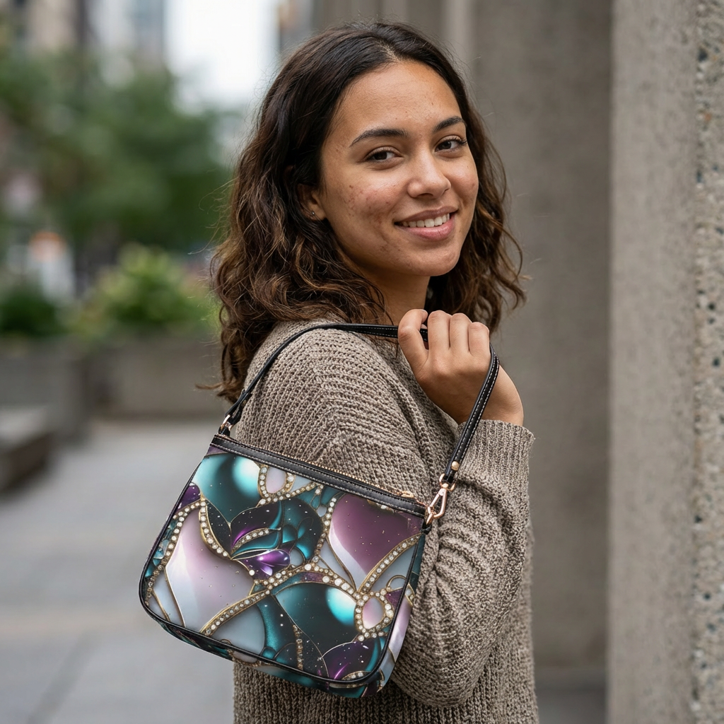 Teal Purple Jewel Mosaic Small Shoulder Bag | Beaded Chain Pattern