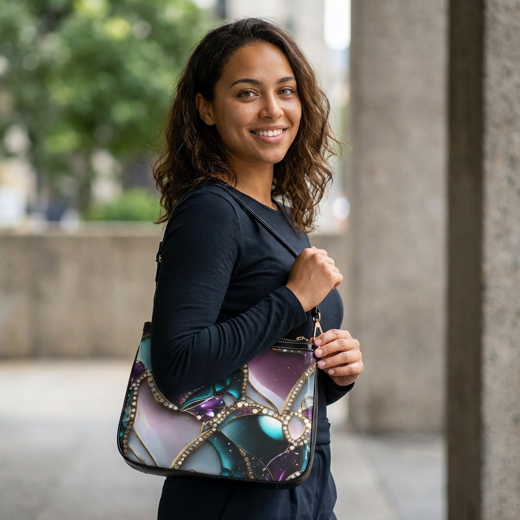 Teal Purple Jewel Mosaic Small Shoulder Bag | Beaded Chain Pattern