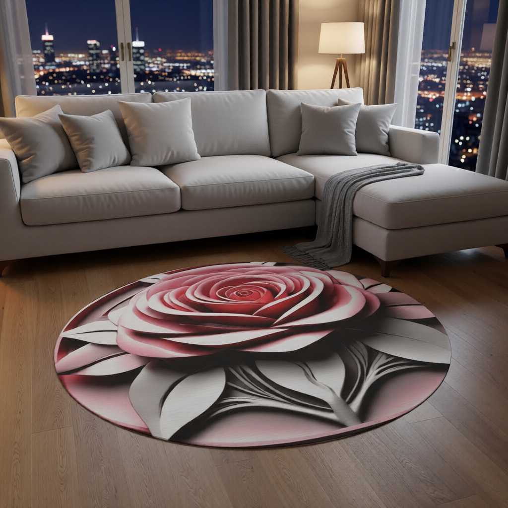 3D Paper Rose Round Rug | Floral Decorative Floor Mat