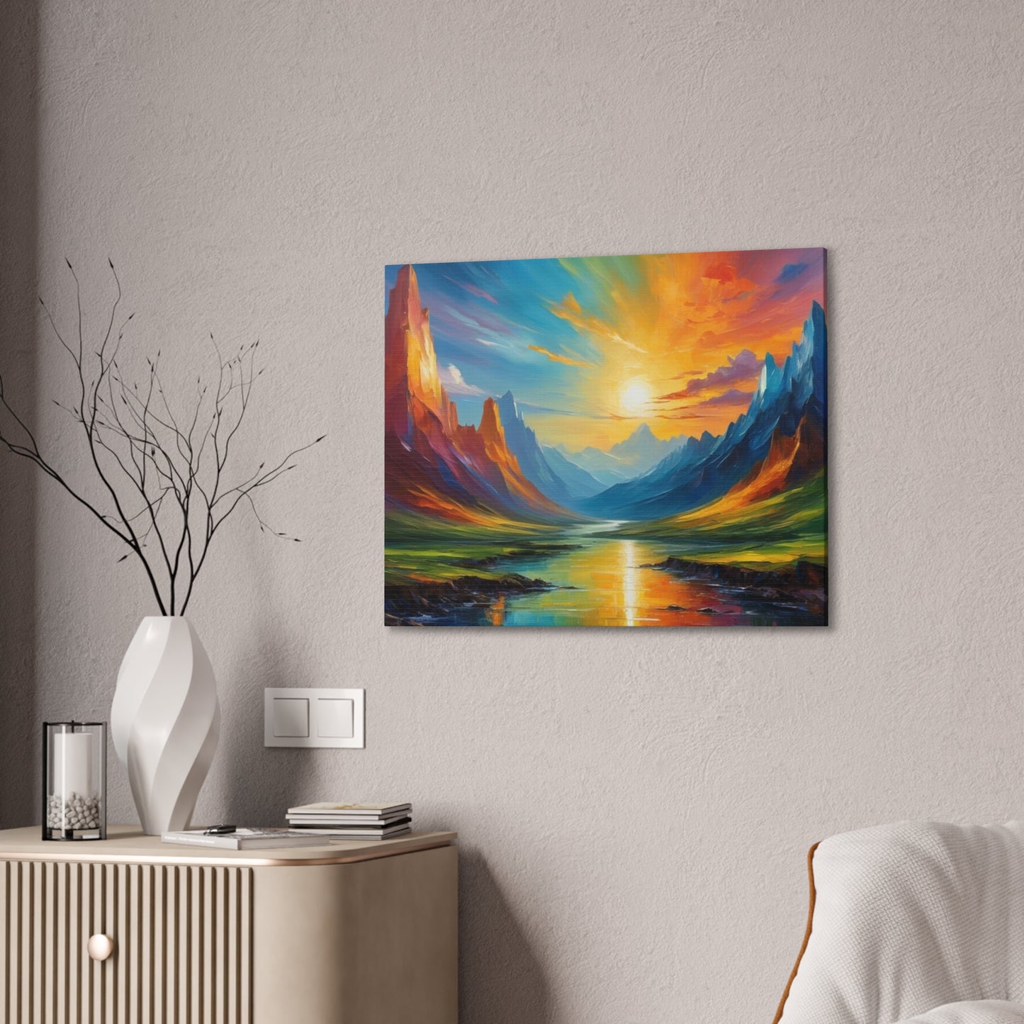 Sunrise Valley Canvas Wall Art - Vibrant Mountain Landscape Painting