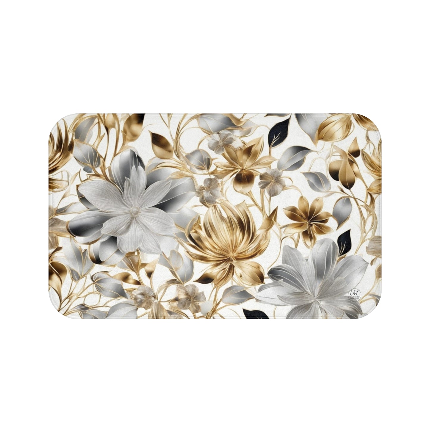 Golden and Silver Floral Bath Mat | Neutral Flower Bathroom Rug
