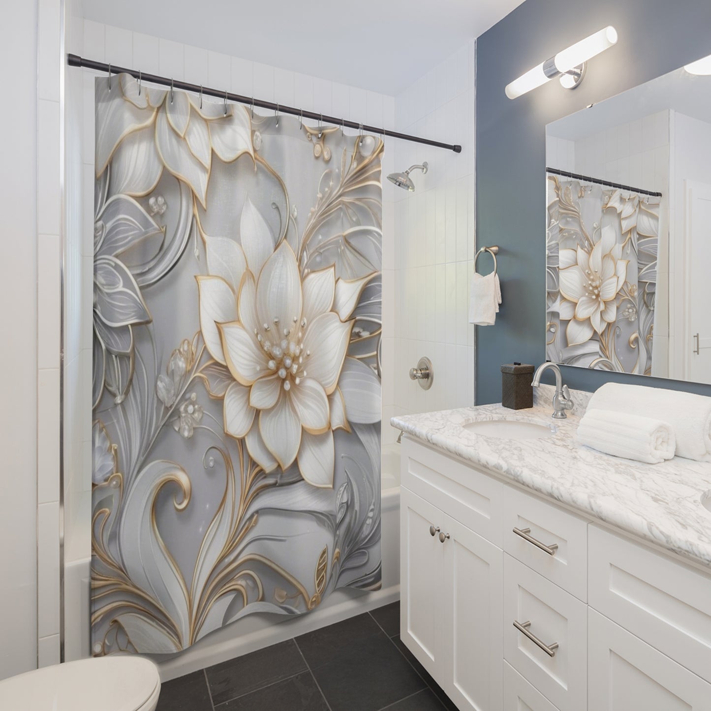 Gold Accent Floral Shower Curtain silver background | Elegant 3D Lotus Bathroom Drapery