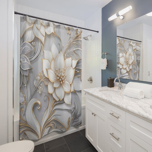Gold Accent Floral Shower Curtain silver background | Elegant 3D Lotus Bathroom Drapery
