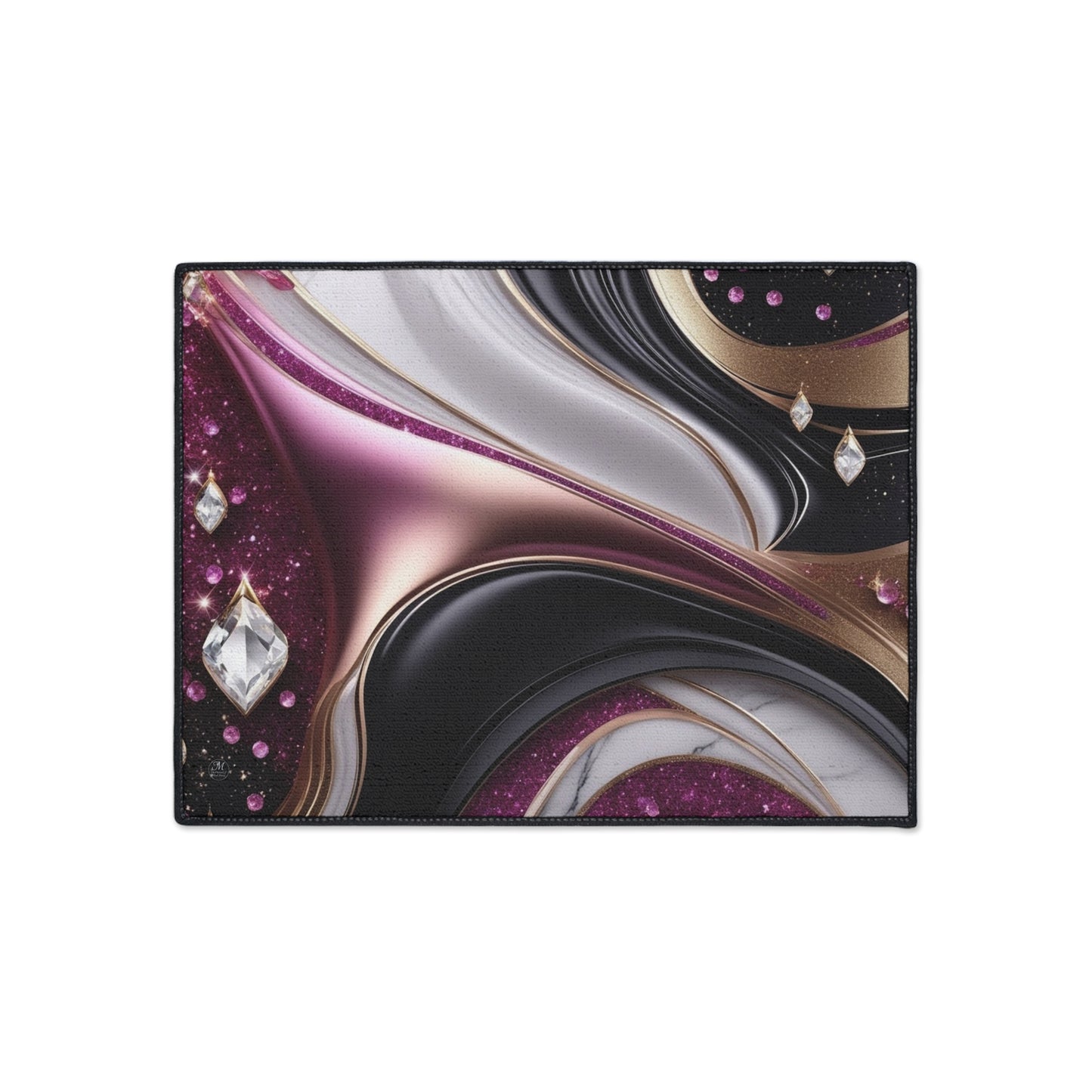 Abstract Metallic Swirl Floor Mat | Pink Gold Black Gemstone Accents