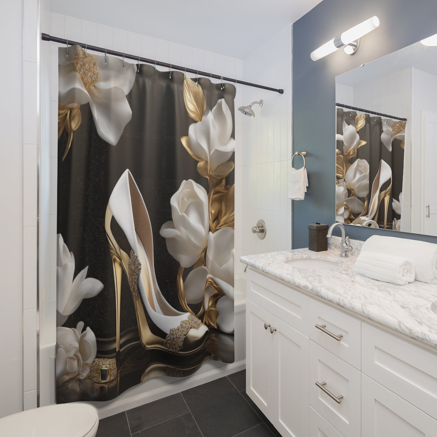 Elegant Stiletto & Gold Floral Shower Curtain — Luxury Bathroom Décor