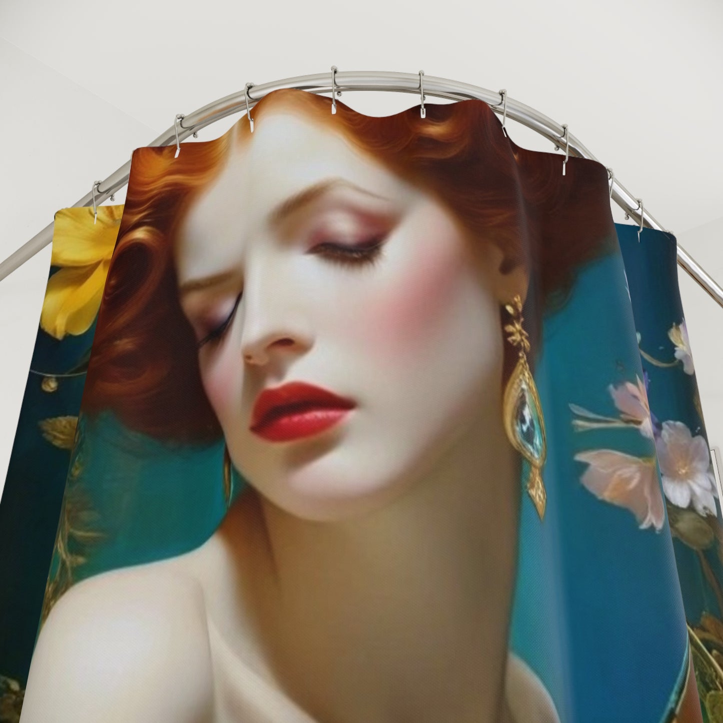 Redhead Portrait Shower Curtain | Floral Art, Green Stiletto, Romantic Bathroom