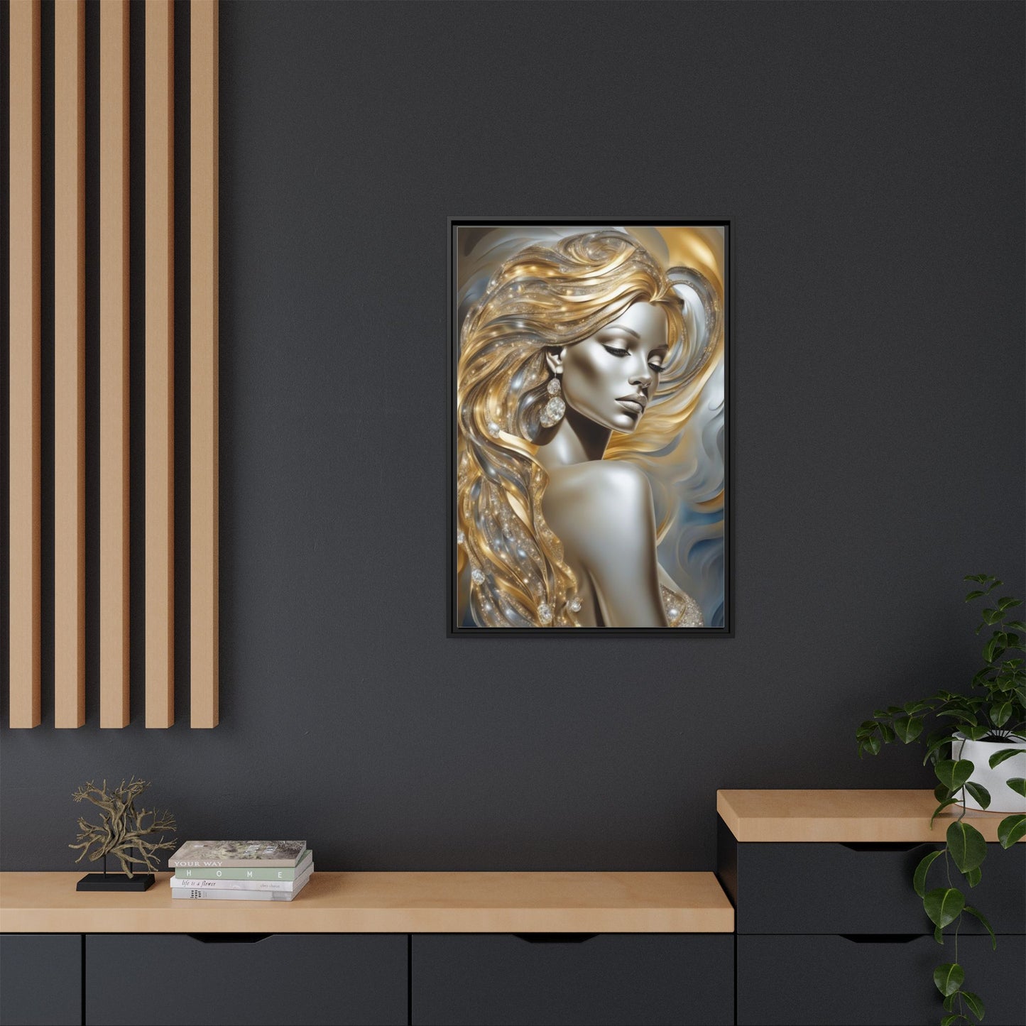 Golden Goddess Portrait Matte Canvas 24x36 Framed | Metallic Woman Wall Art