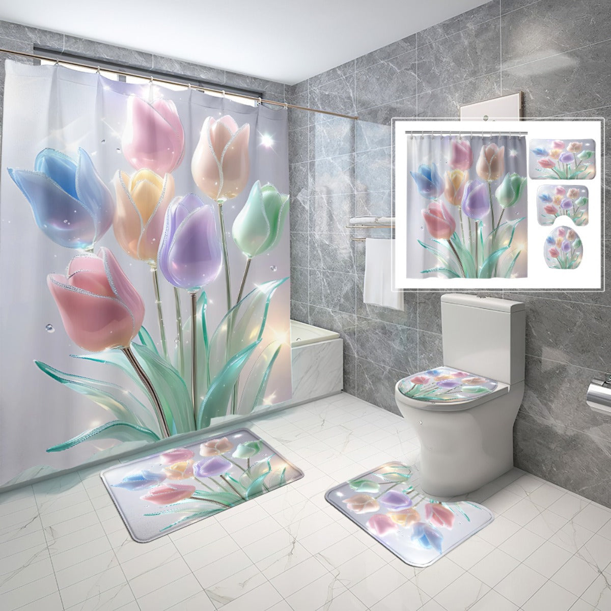 Colorful Glass Tulip Shower Curtain Set 4 Pieces