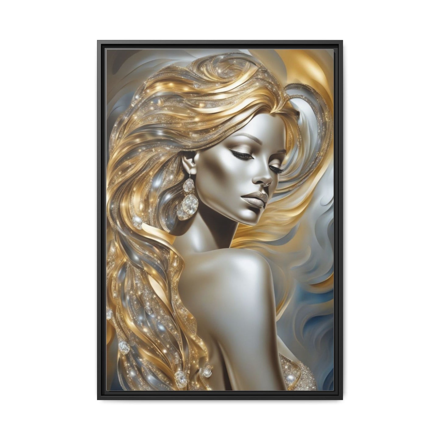Golden Goddess Portrait Matte Canvas 24x36 Framed | Metallic Woman Wall Art