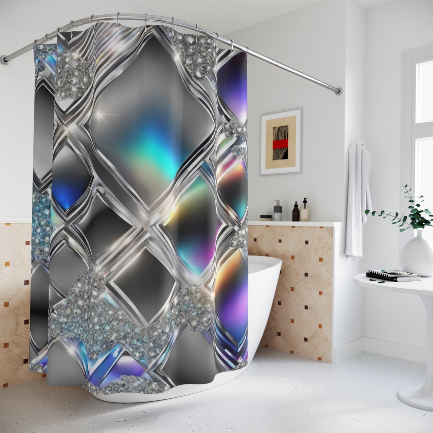 Iridescent Geometric Diamond Shower Curtain | Metallic Prism Bathroom Décor