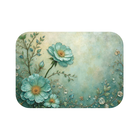 Teal Floral Bloom Bath Mat | Watercolor Flowers