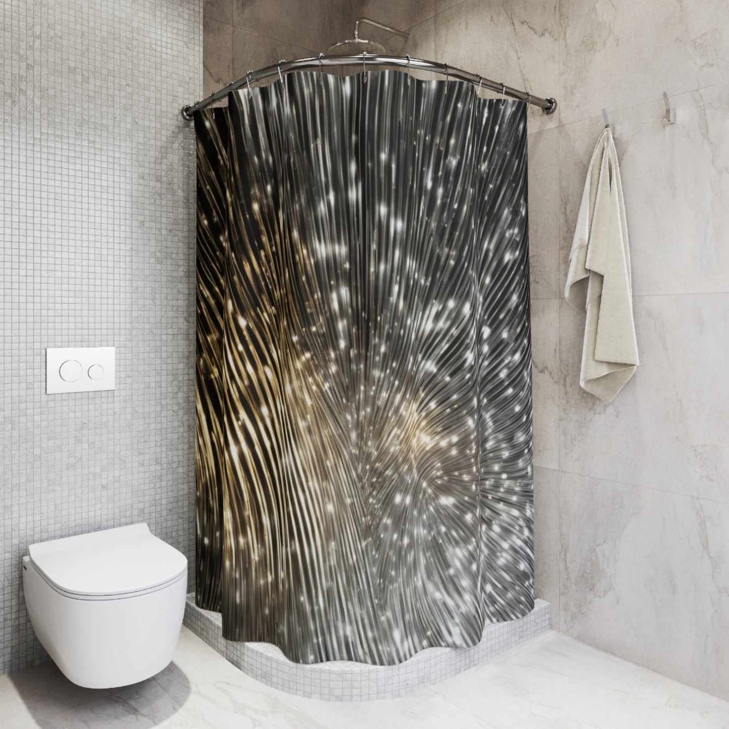 Abstract Starburst Pattern Shower Curtain | Metallic Black Gold Sparkle