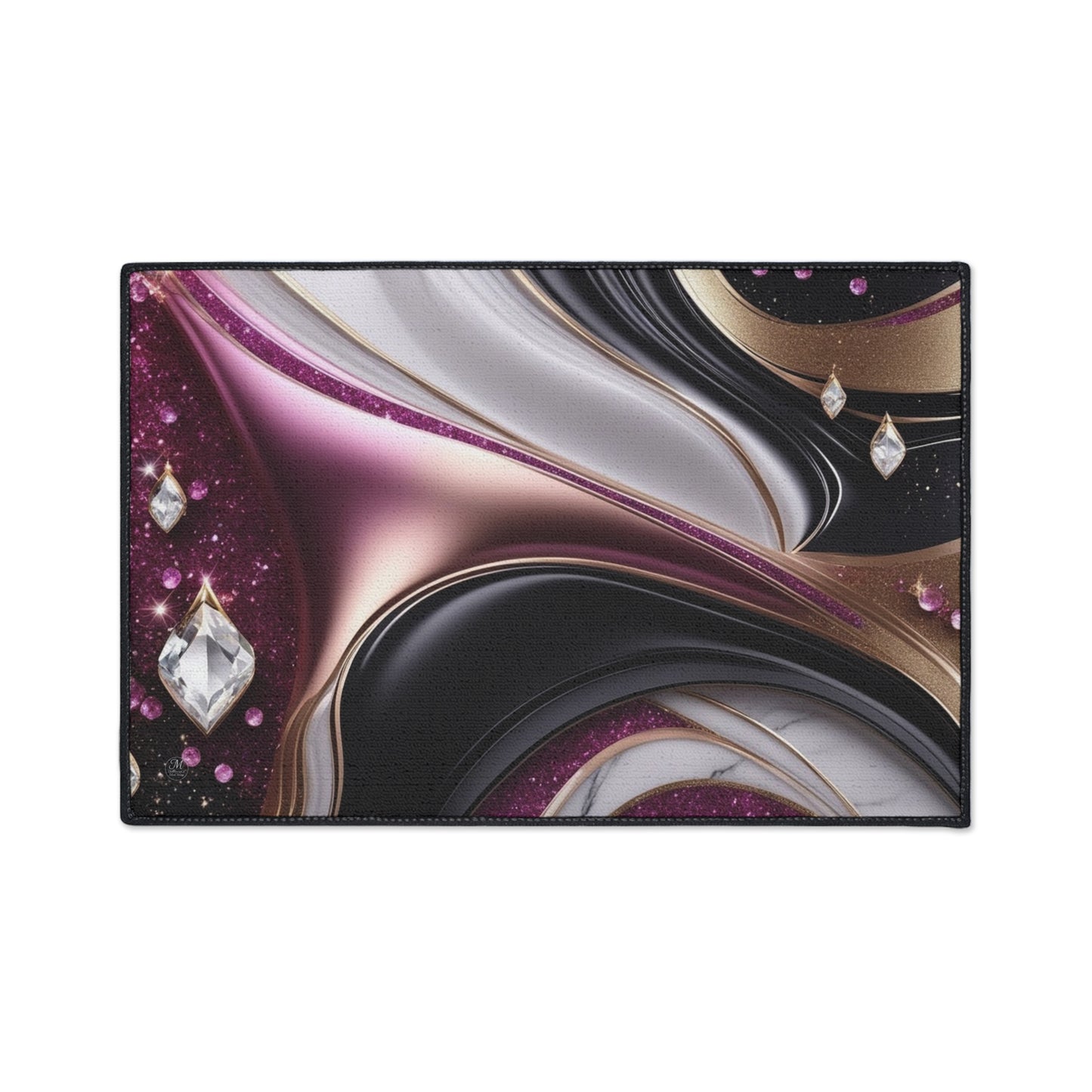 Abstract Metallic Swirl Floor Mat | Pink Gold Black Gemstone Accents