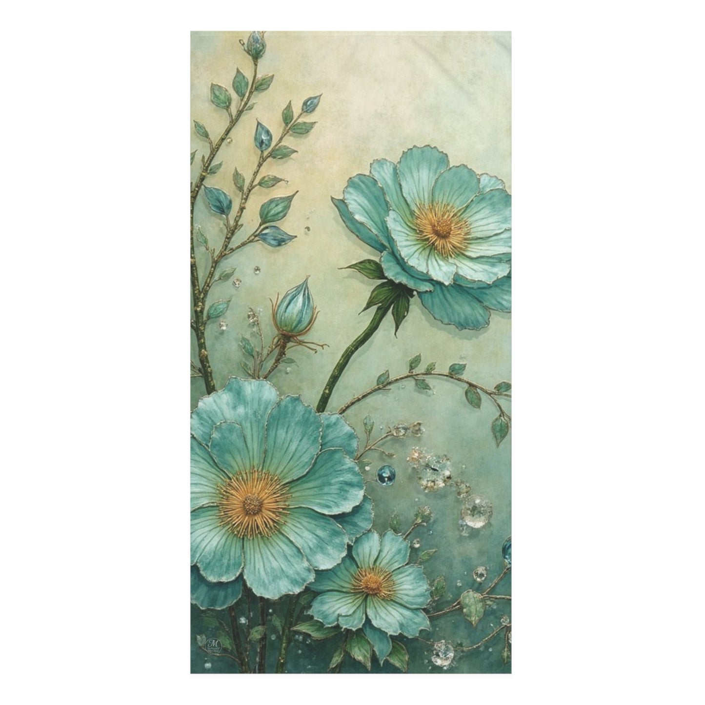 Teal Floral Watercolor Mink-Cotton Towel | Botanical Bloom Design